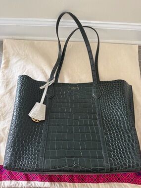 Tory Burch Deep Green Croc-Embossed Leather Tote with White Tag